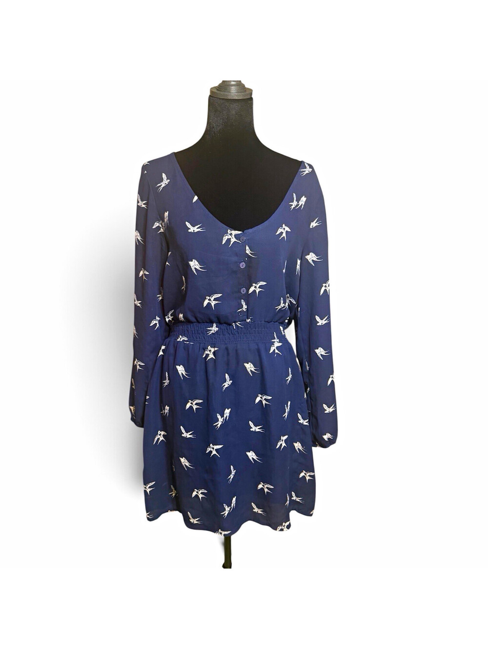 H&M Divided Women's Blue White Bird Print V-Neck Button Short Dress Size 8